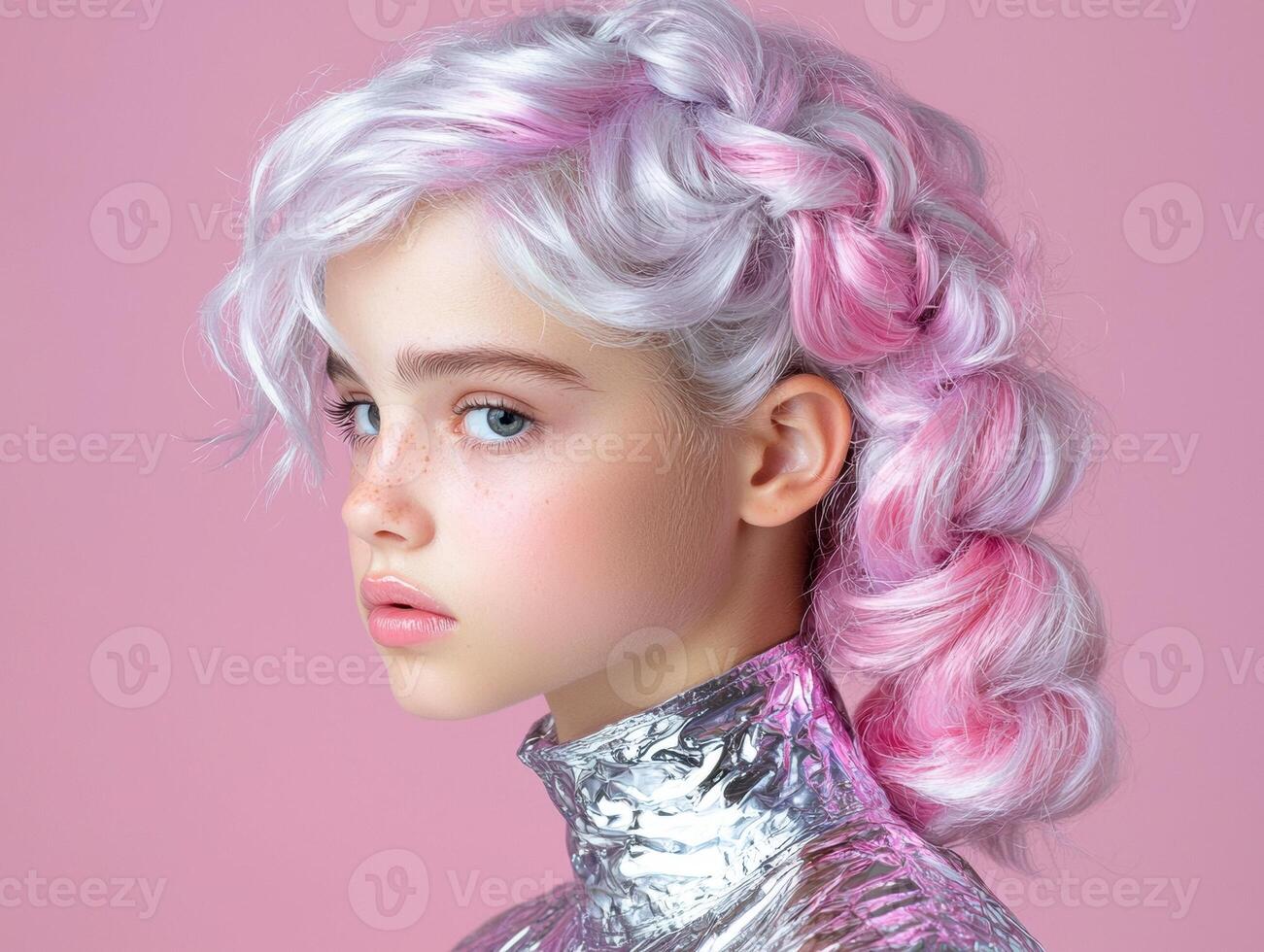 Pastel pink and silver hair girl portrait photo