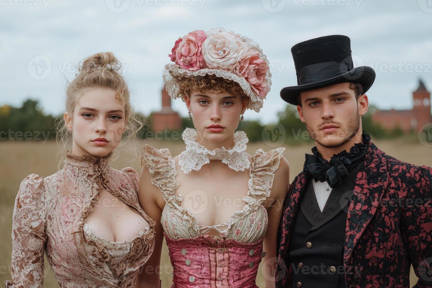 Three young adults in vintage clothing pose in a field photo