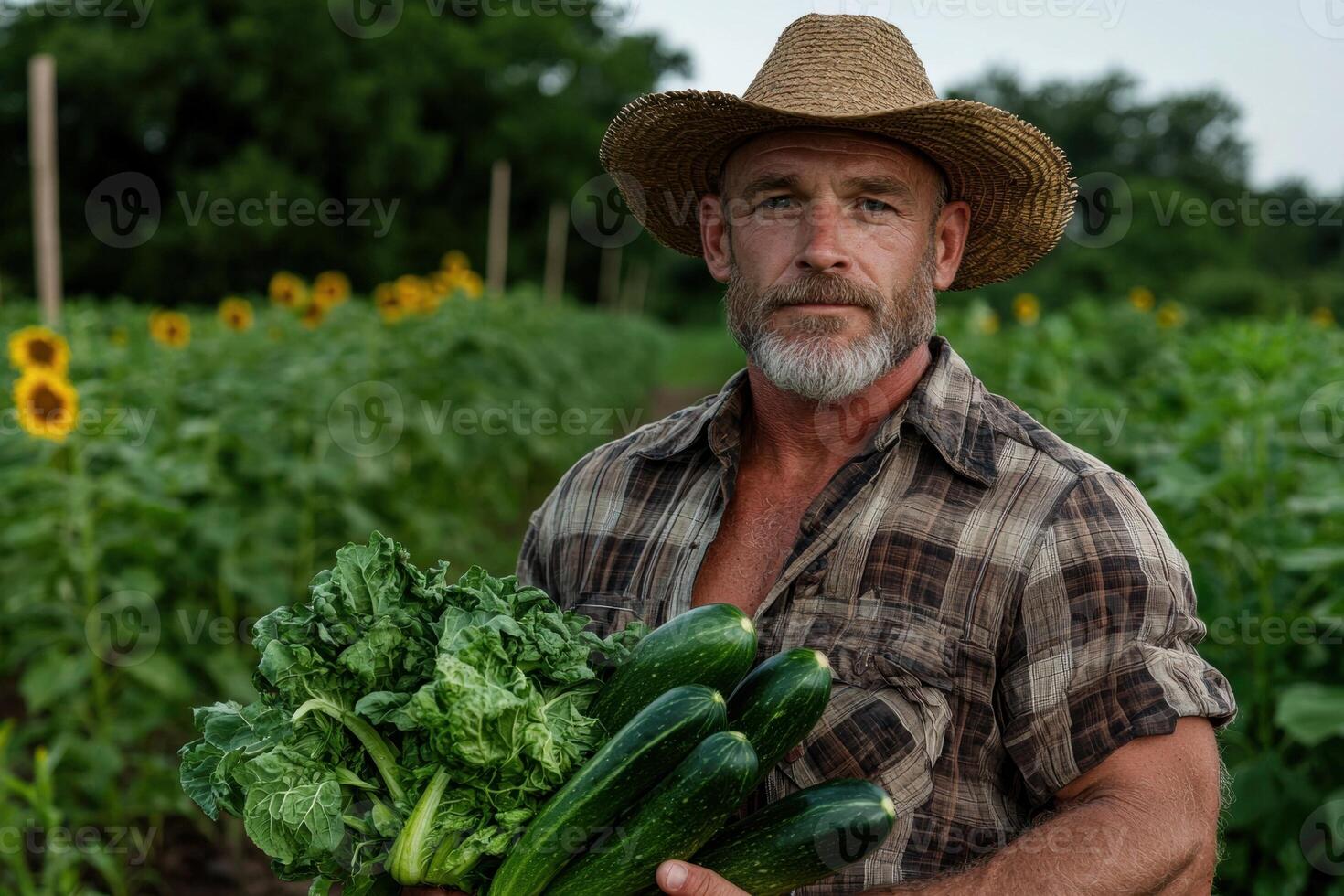 Farmer holding fresh organic vegetables in his garden photo
