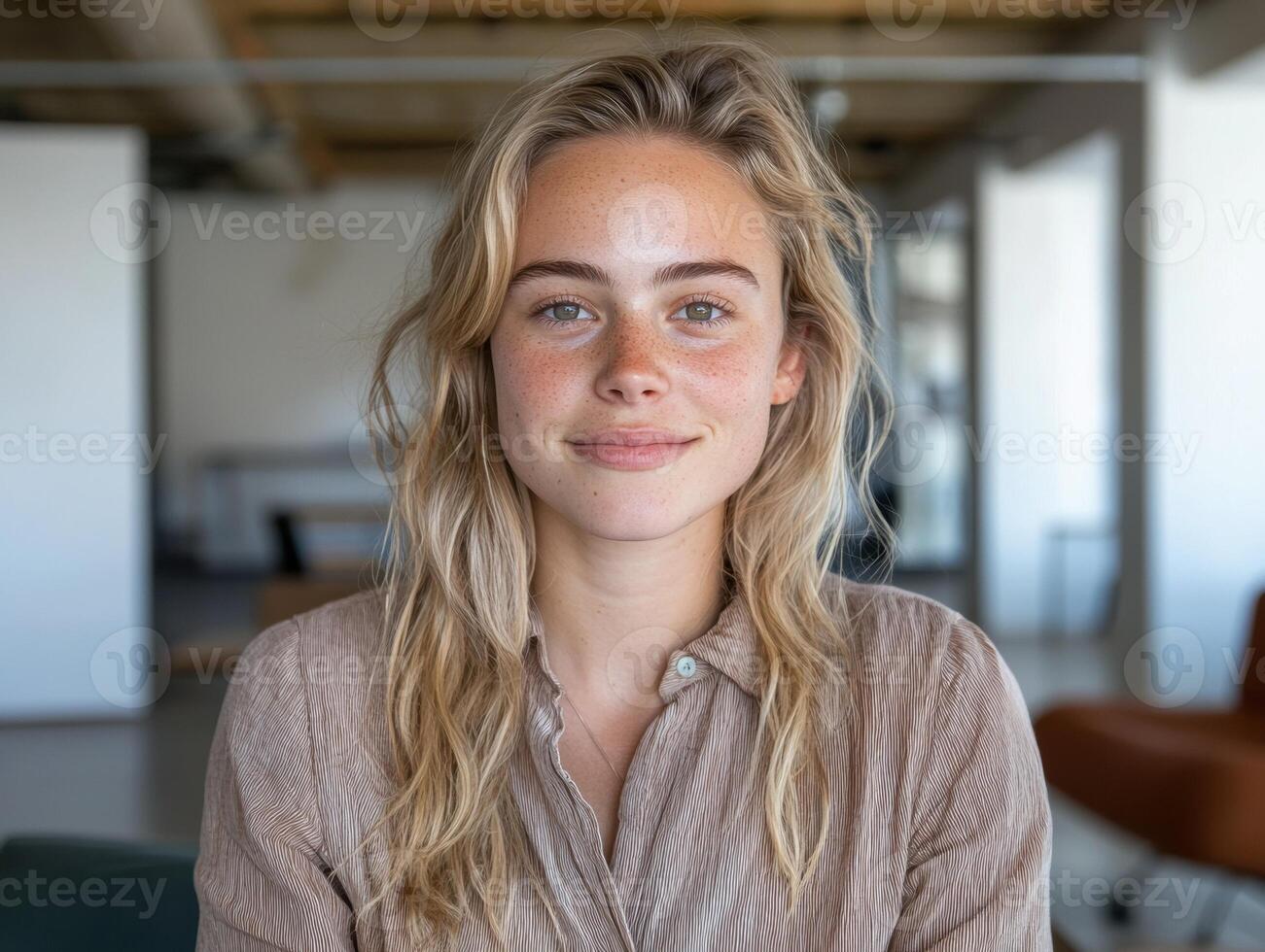 Portrait of a young woman with freckles smiling in a modern office photo