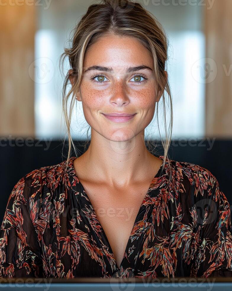 Confident young woman with freckles smiling at the camera photo