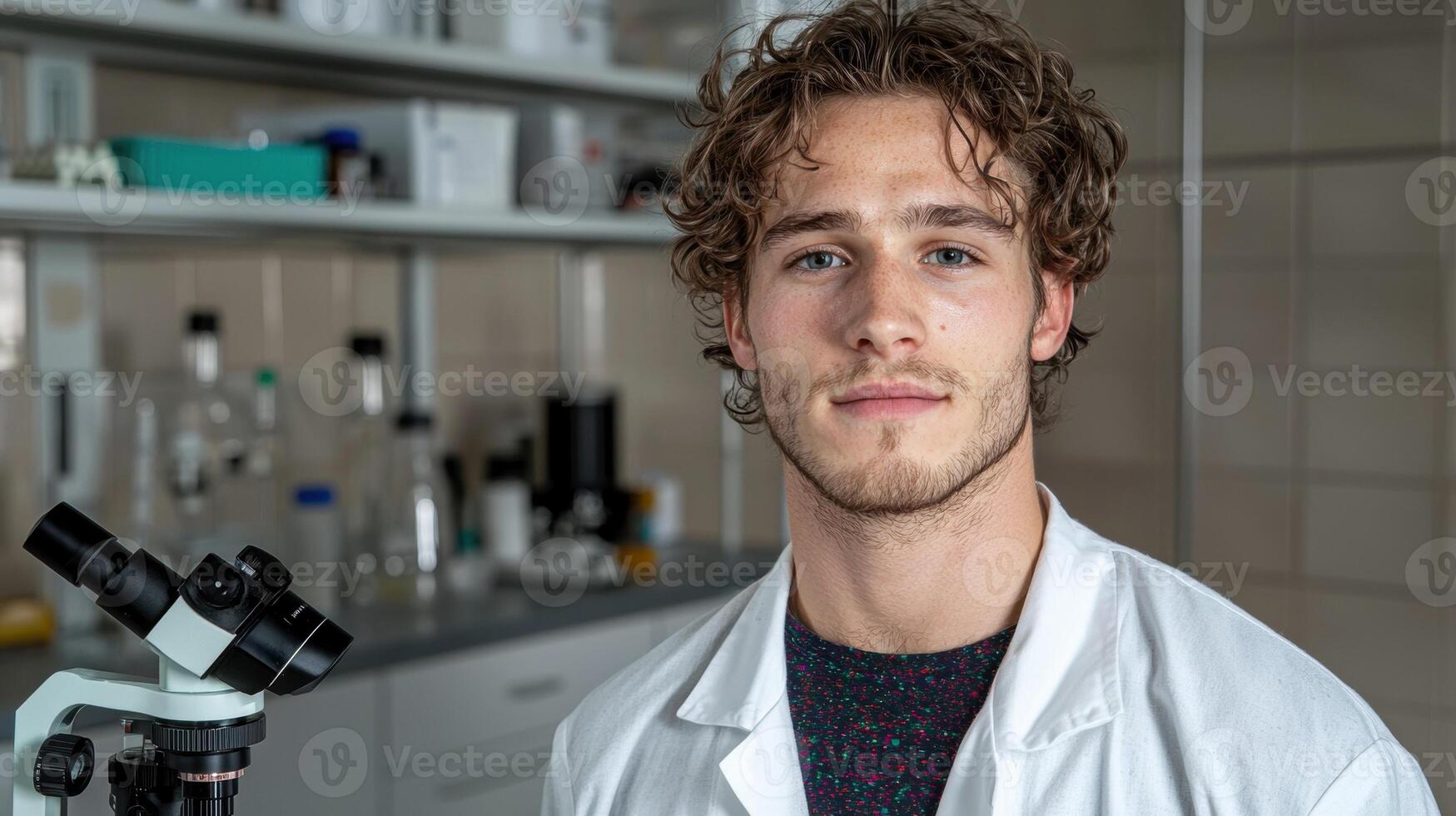 Young male scientist in a lab coat looking at the camera photo