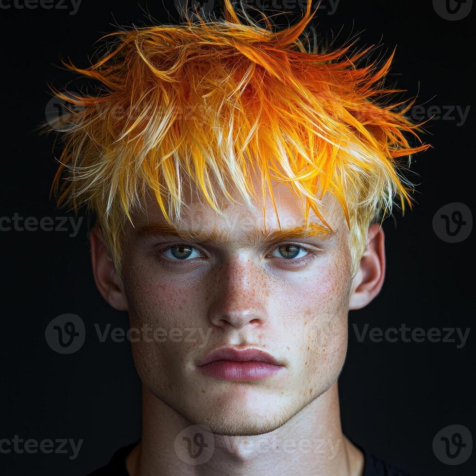 Close up portrait of a young man with vibrant orange and blonde spiky hair photo
