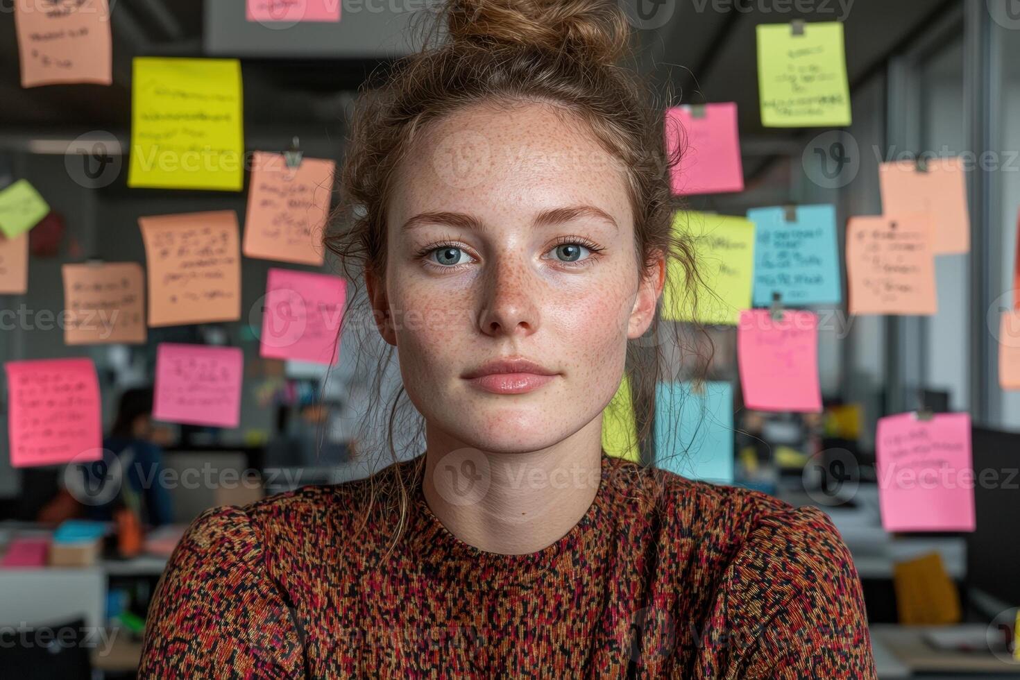 Young woman with freckles and bun hairstyle, working in a modern office with colorful sticky notes photo
