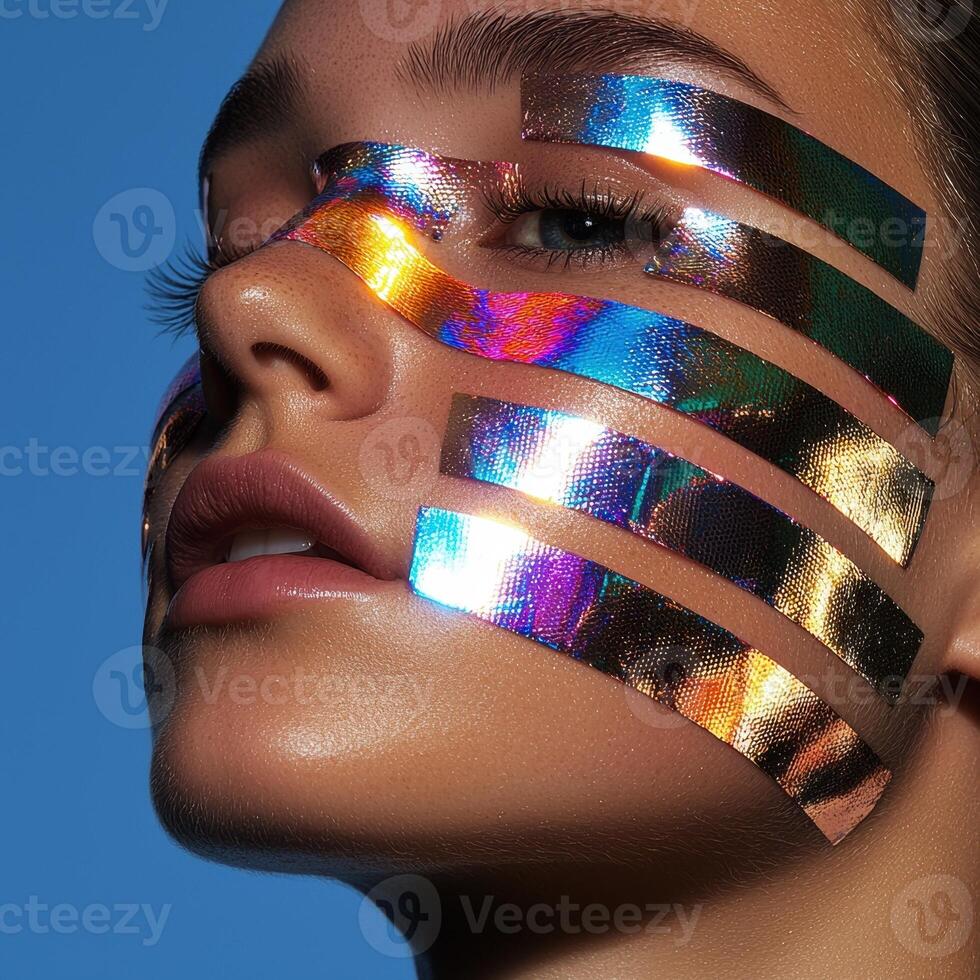 Close up of a womans face adorned with iridescent metallic tape, futuristic beauty concept photo
