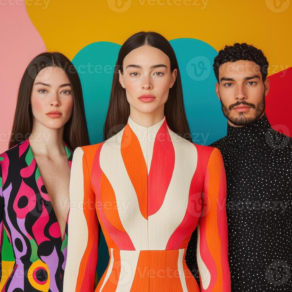 Three stylish models pose against a colorful background photo