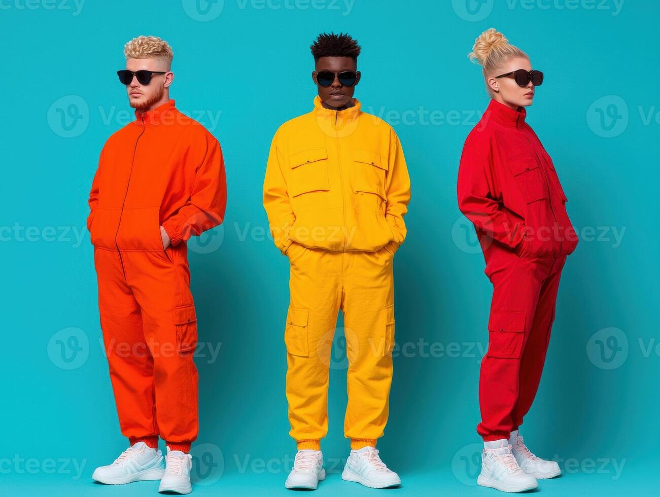 Trendy friends in colorful matching jumpsuits posing against a blue background photo