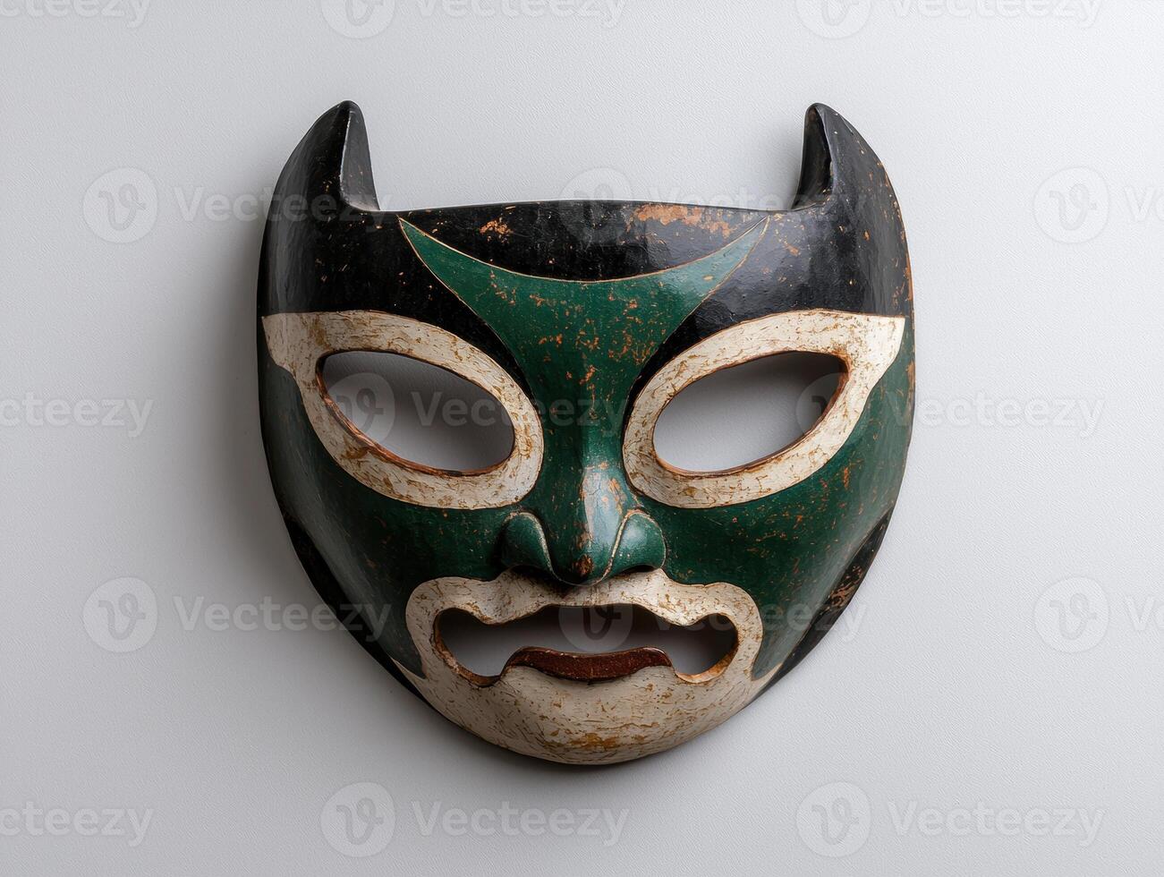 Antique hand carved wooden mask with green and black paint photo