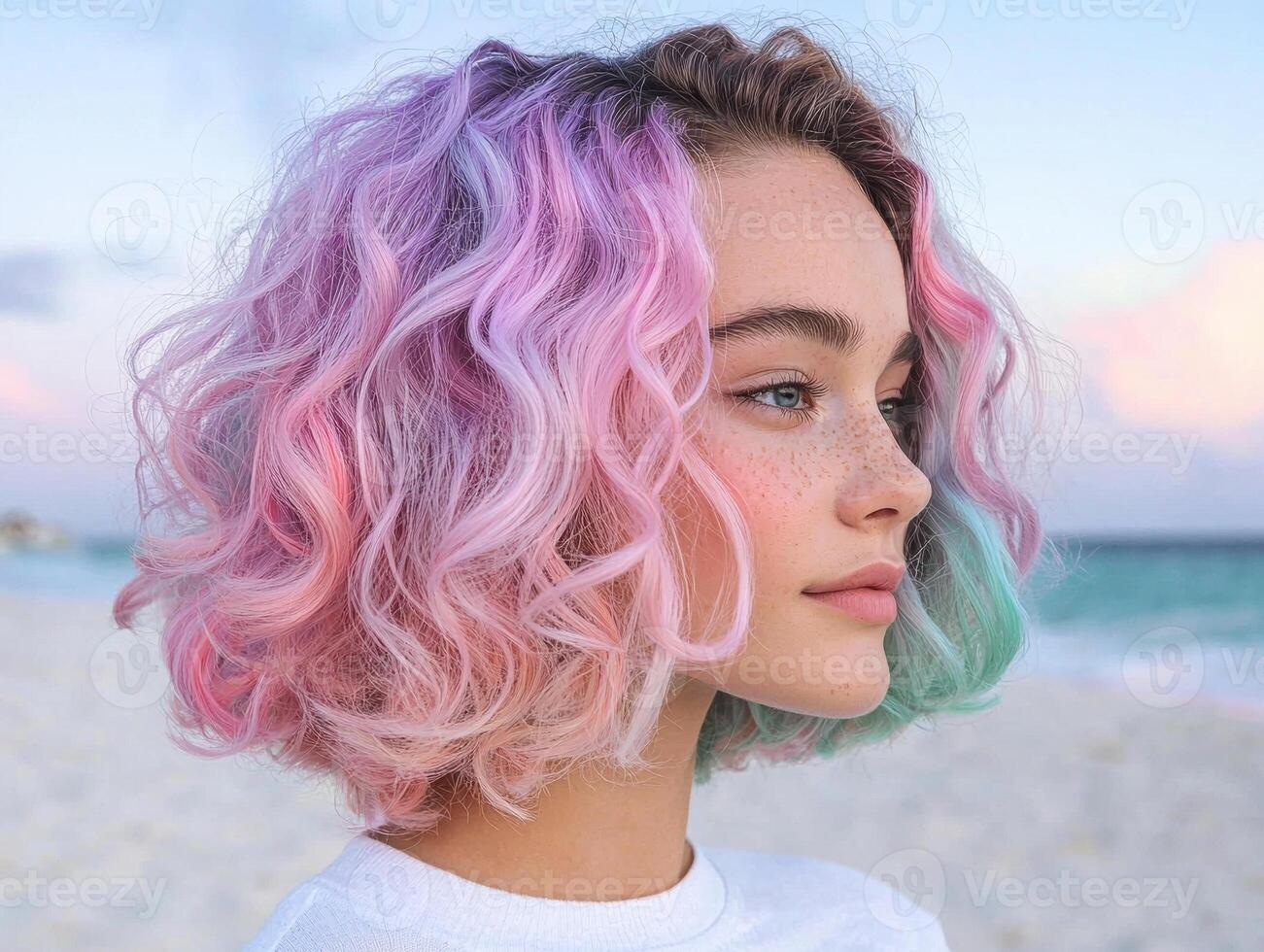 Pastel pink and teal hair, curly bob hairstyle, beach background photo