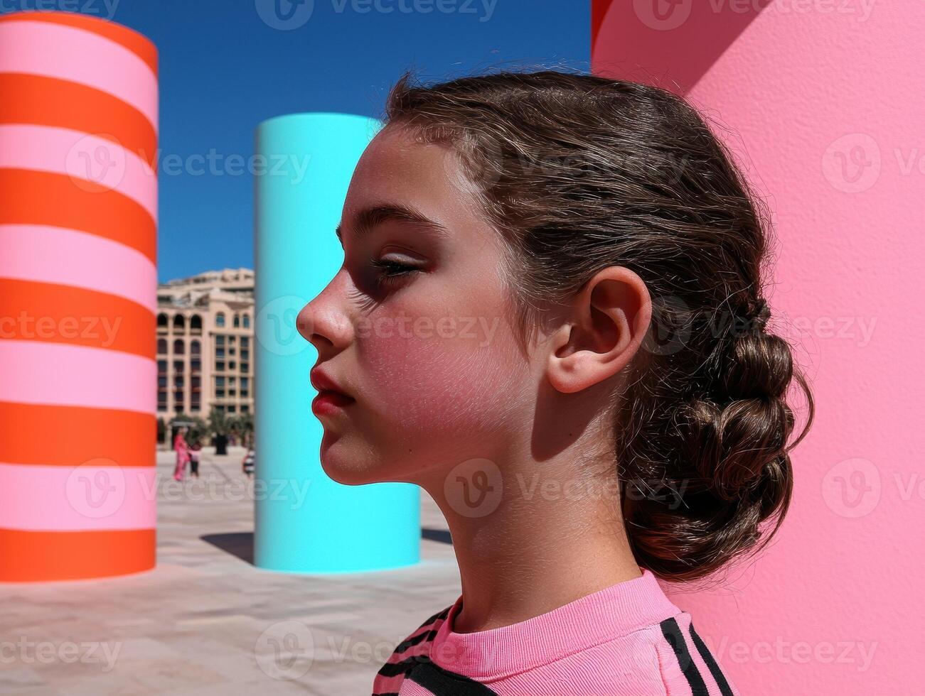Girl with bun hairstyle looking to the side against colorful background photo