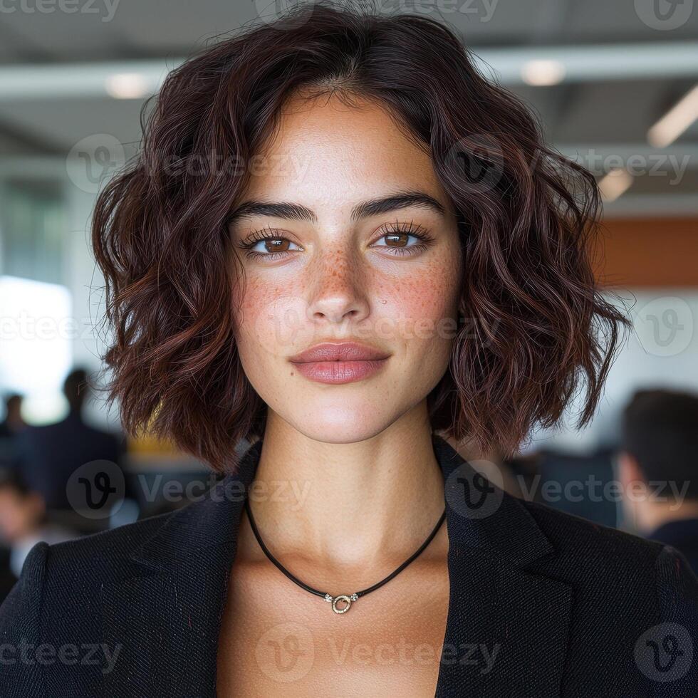 Attractive young woman with wavy bob haircut and freckles photo