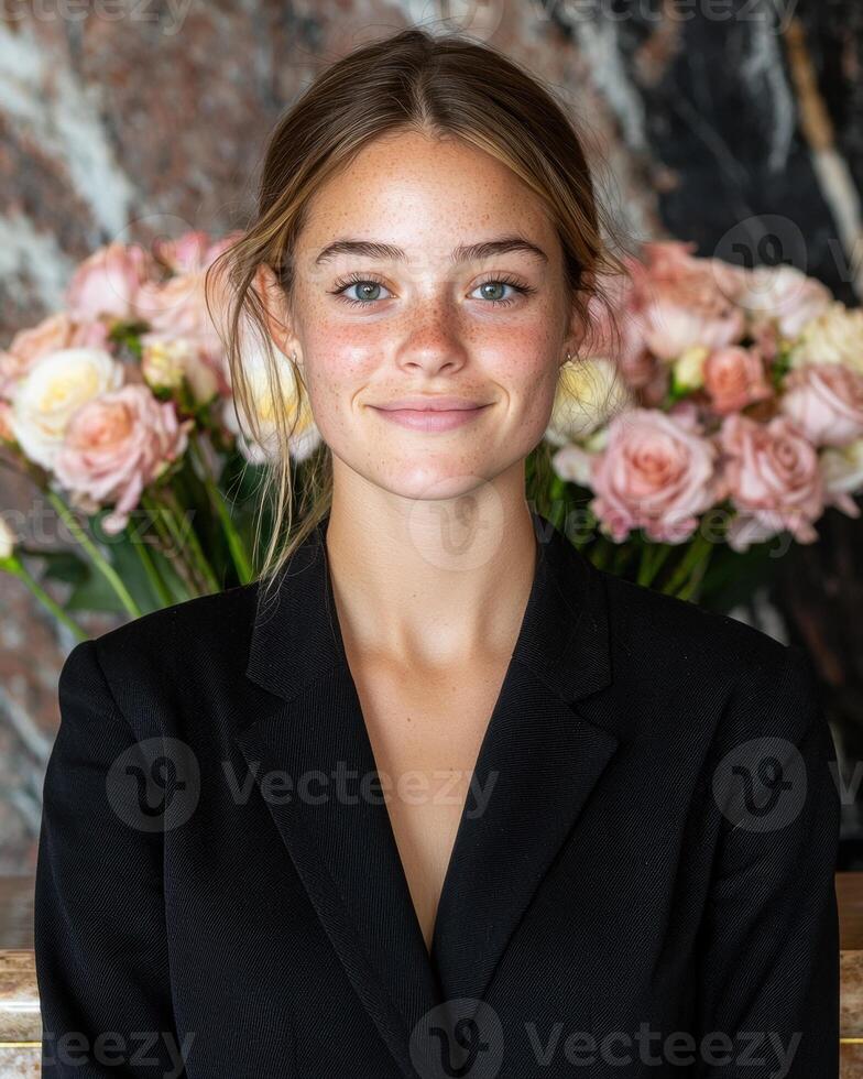 Portrait of a young woman with freckles in a black blazer photo