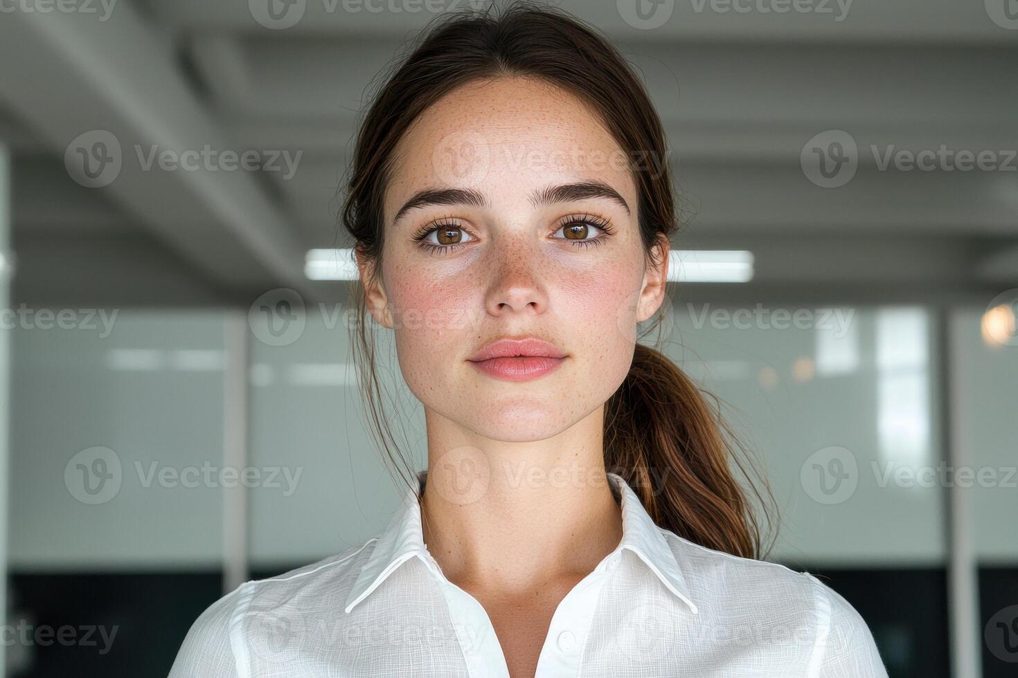 Portrait of a young woman in a white shirt in a modern office photo