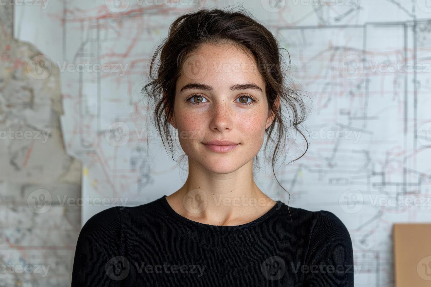Portrait of a young woman with freckles, smiling gently at the camera photo