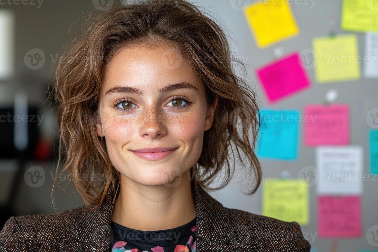 Portrait of a young woman with freckles smiling at the camera photo