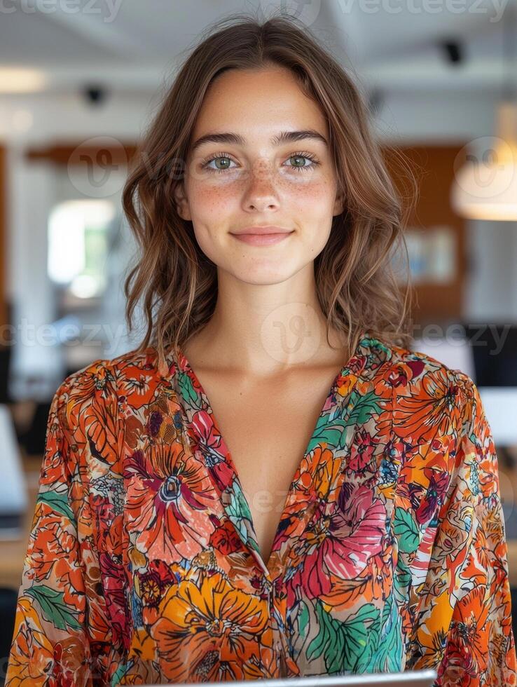 Portrait of a young woman in a floral dress photo