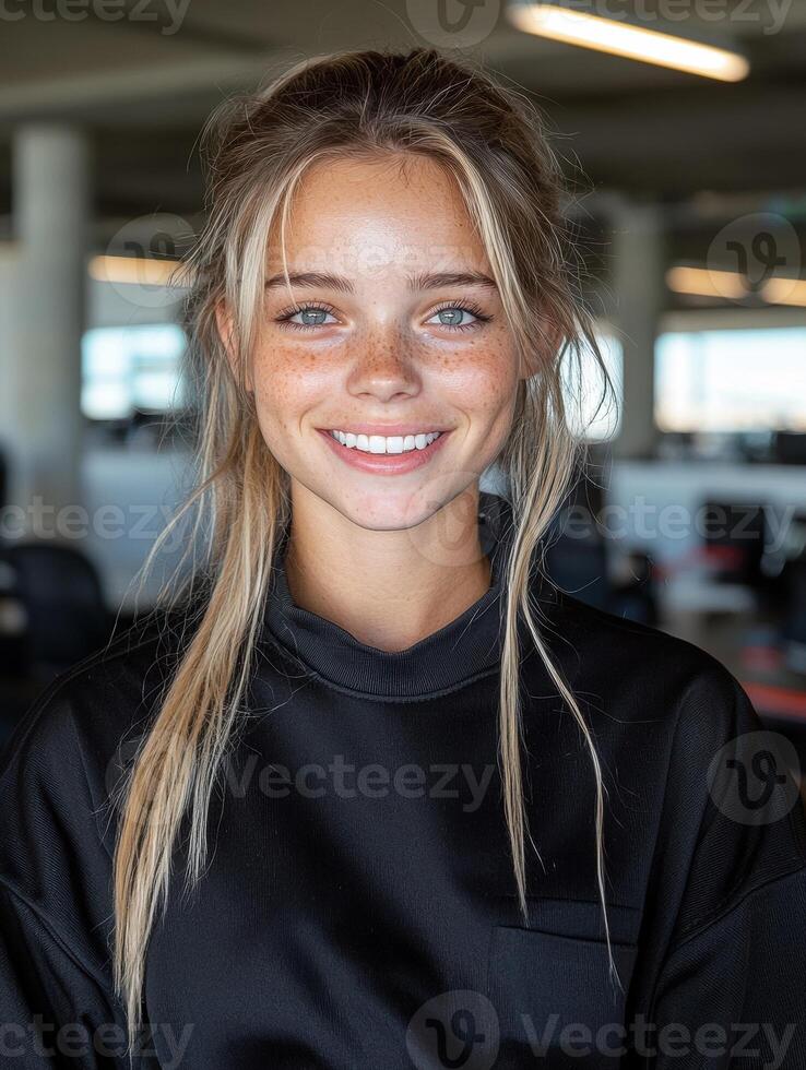 Portrait of a young woman with freckles and a warm smile photo