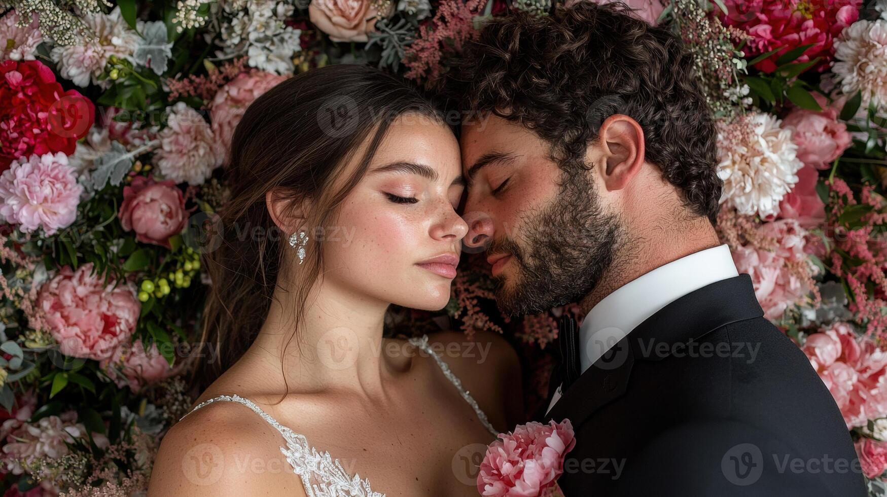 Romantic couple embracing amidst a vibrant floral backdrop photo