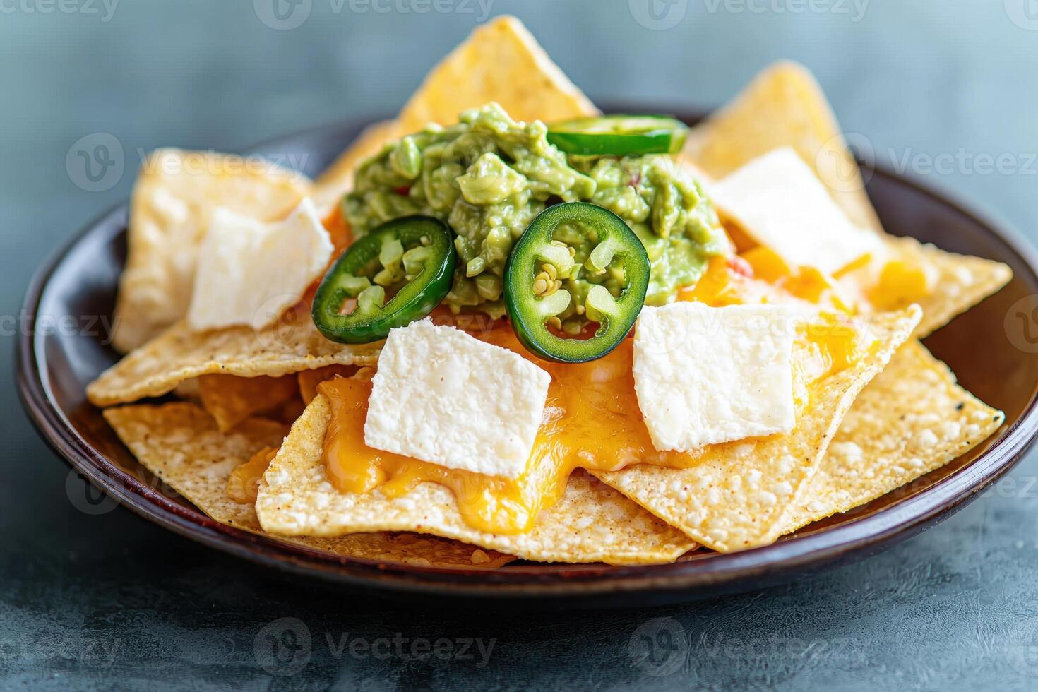 Loaded nachos with guacamole, cheese, and jalapenos photo