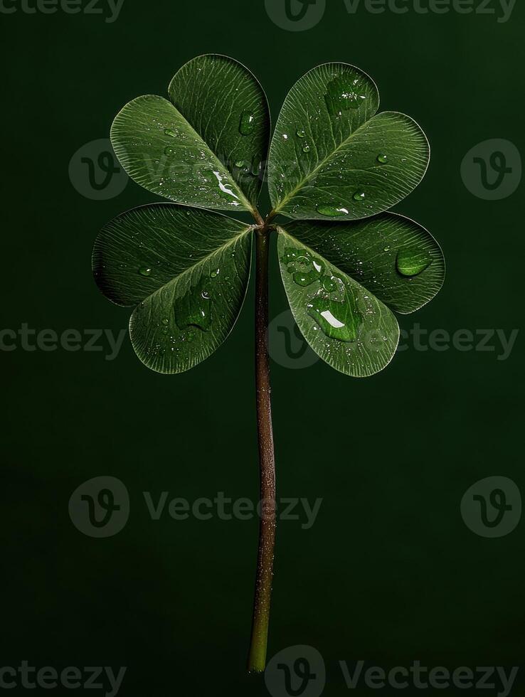 Close up of a four leaf clover with water droplets on a dark green background photo