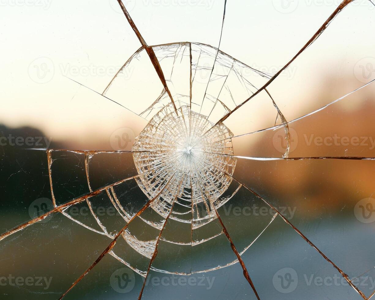 Close up of a shattered window pane with a radial crack pattern against a blurry sunset background photo
