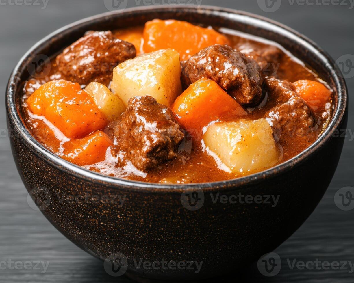 Beef stew in a rustic bowl, close up photo