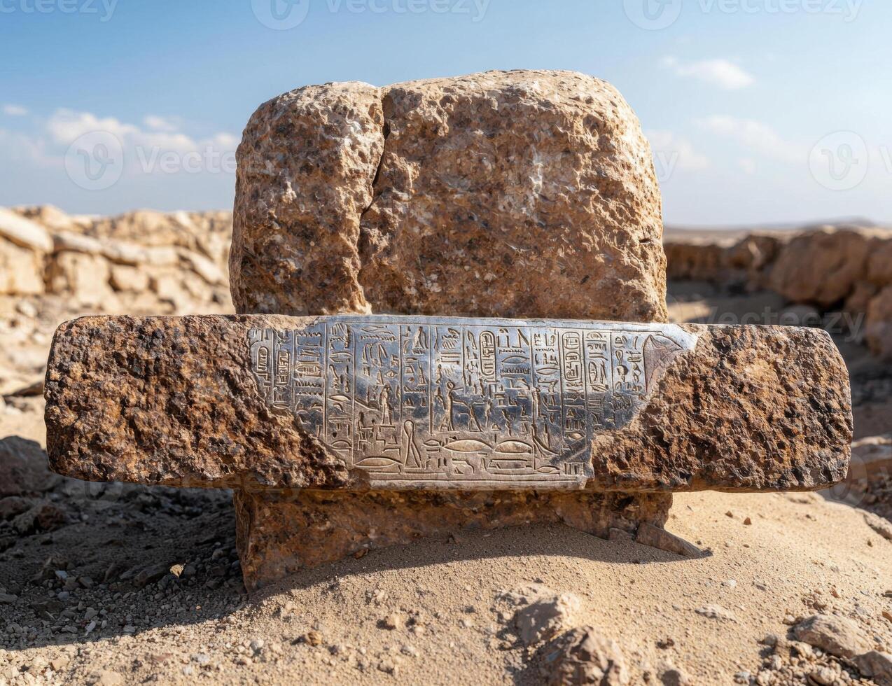 Ancient egyptian hieroglyphs carved in stone in the desert photo