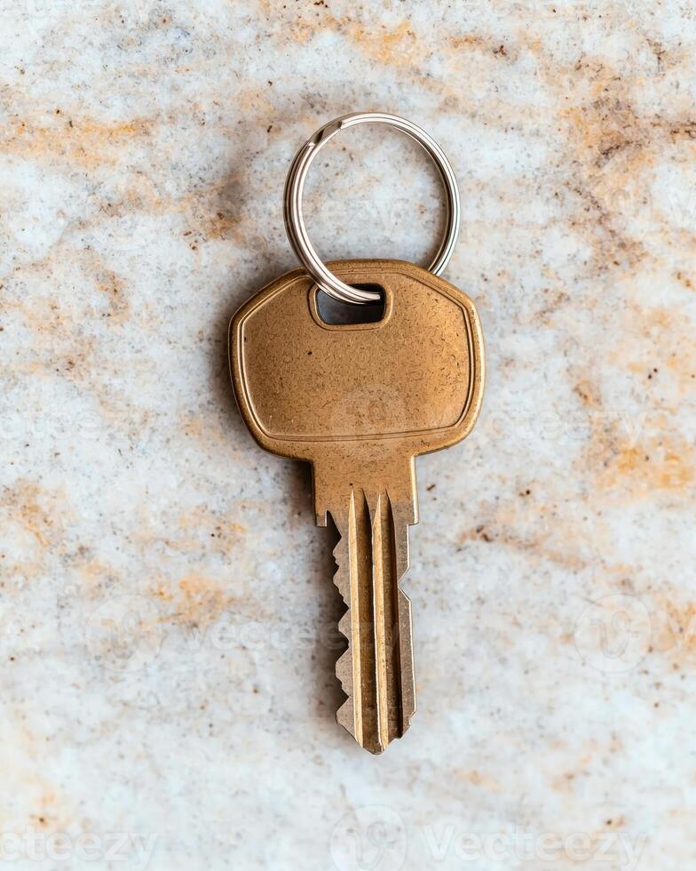 Close up of a gold key with a silver keyring on a marble surface photo
