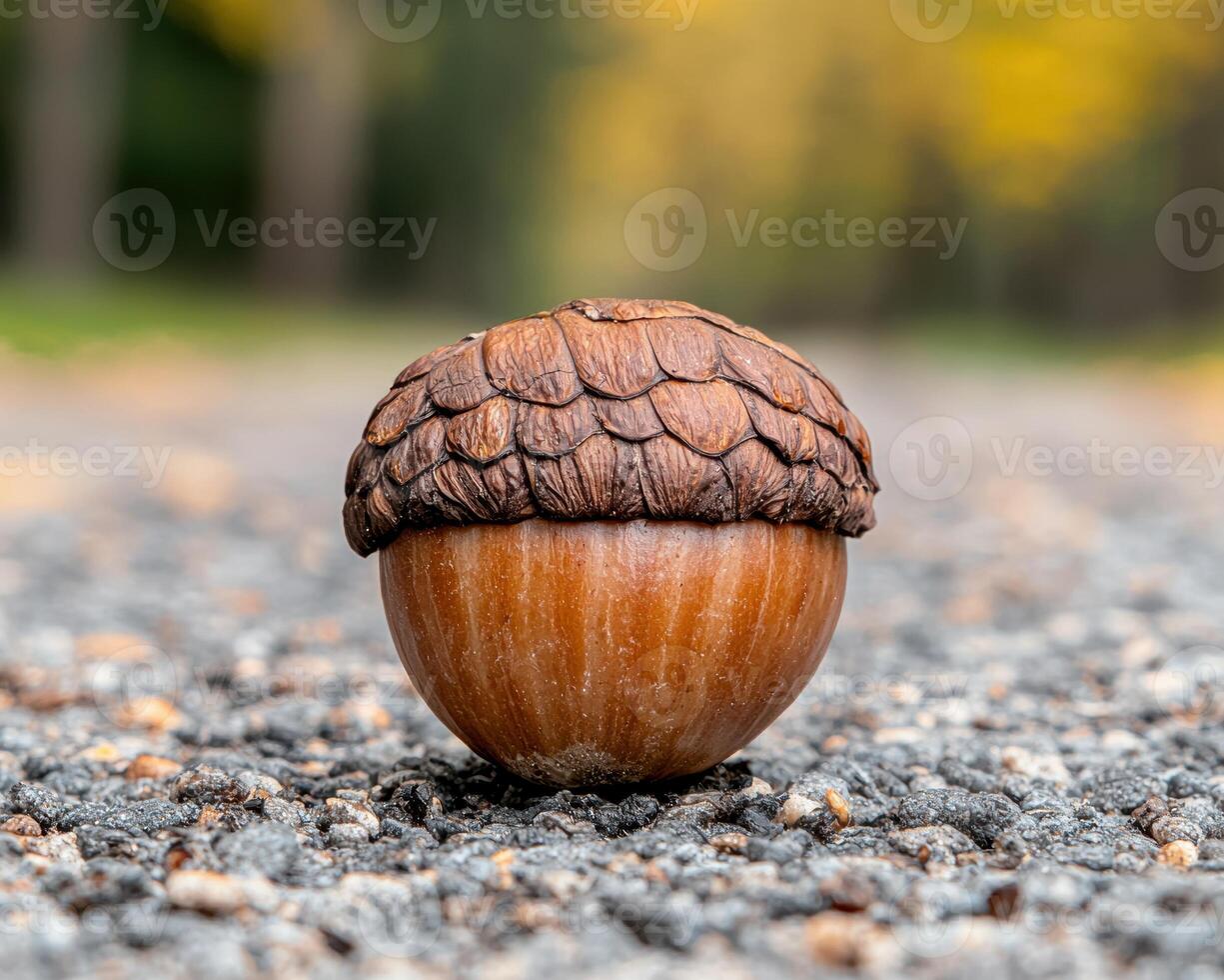 Close up of a single acorn on a gravel path in autumn photo