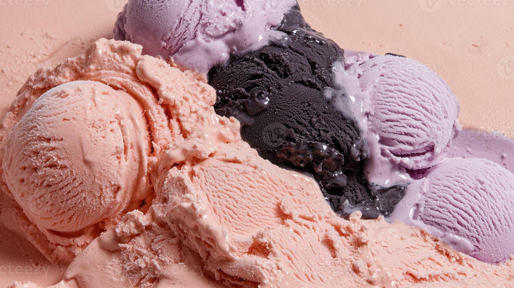 Melted scoops of strawberry, blueberry, and chocolate ice cream photo