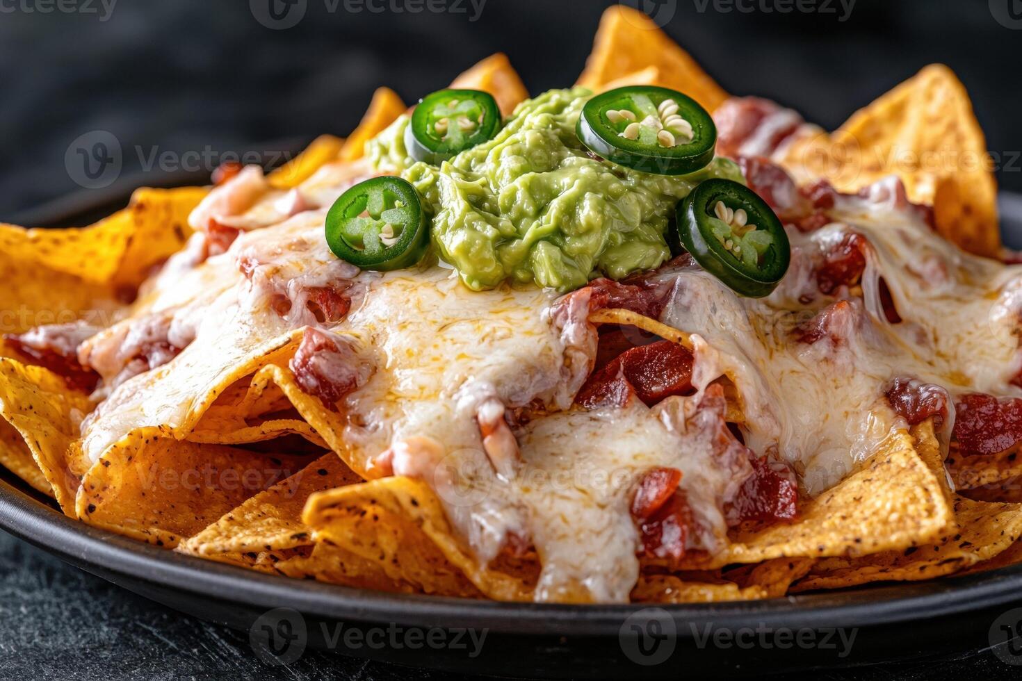 Loaded nachos with melted cheese, guacamole, jalapenos, and beef photo