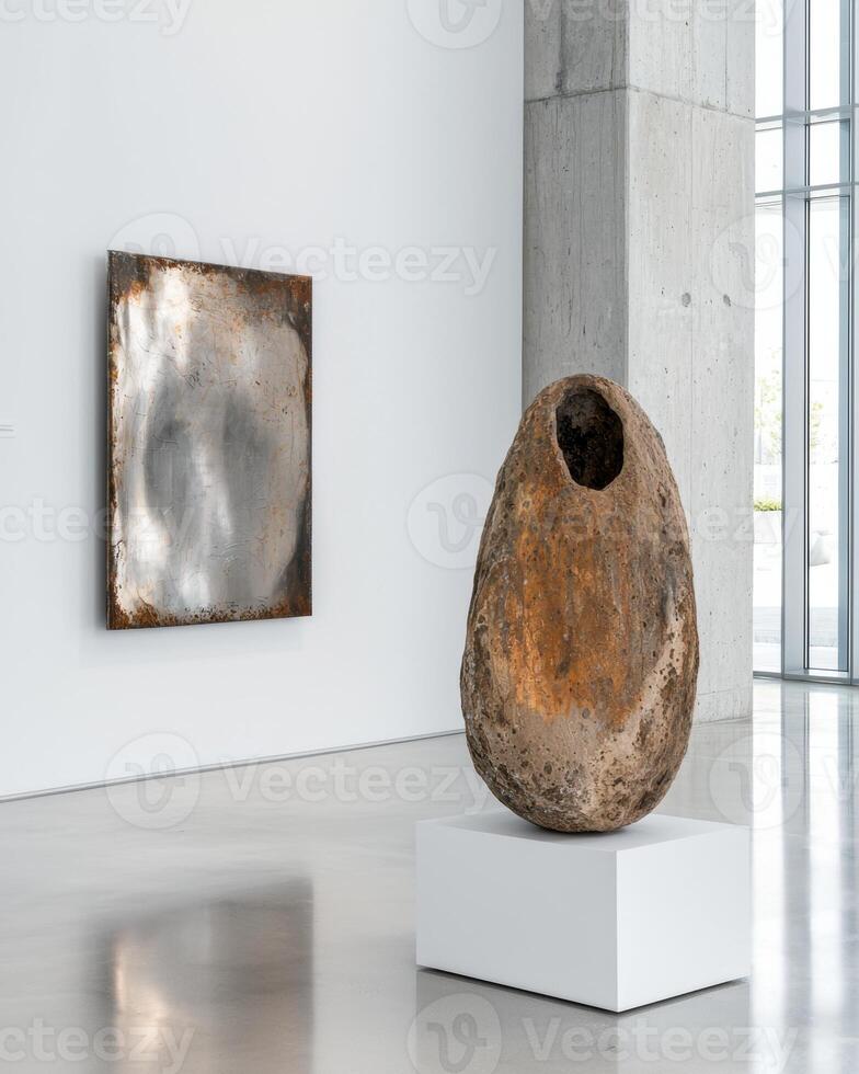 Modern art gallery interior with abstract metal sculpture and stone sculpture on white pedestal photo