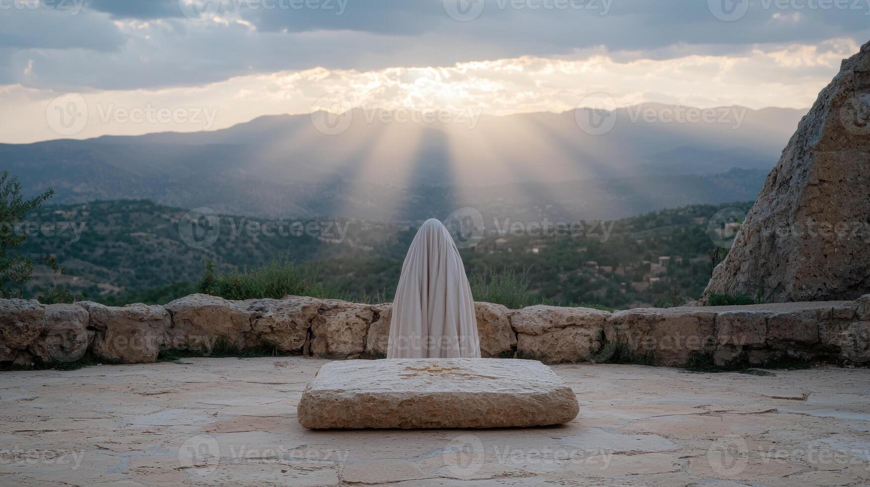 Ghostly figure on stone altar overlooking sunlit mountain range photo