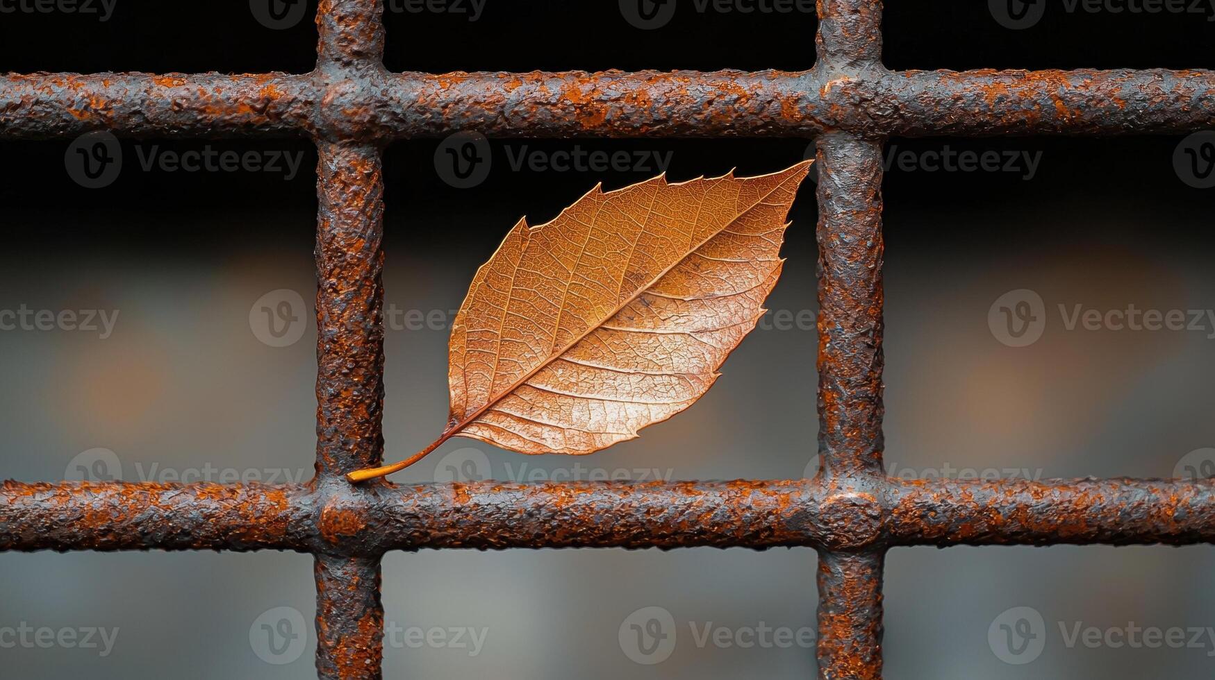 Single brown leaf caught in rusty metal grid photo