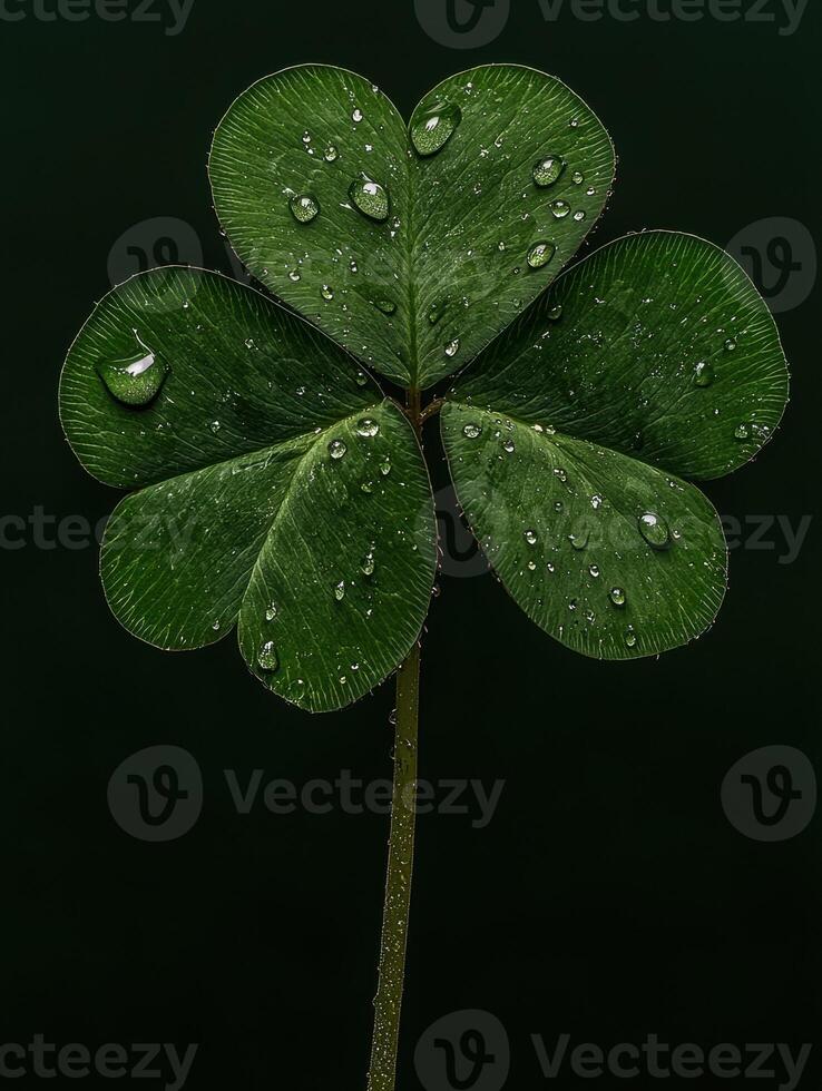 Close up of a three leaf clover with water droplets, dark background photo