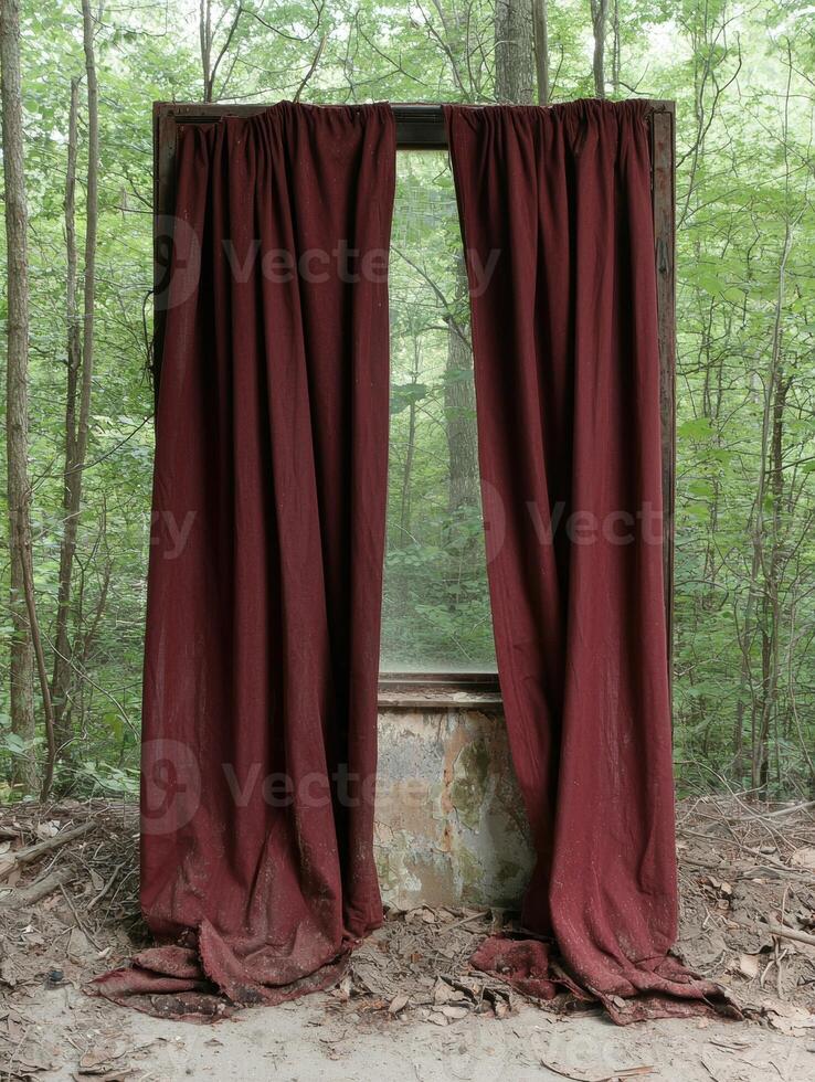Rustic window with maroon curtains in a forest setting photo