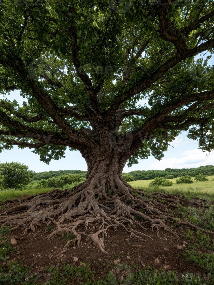 Majestic ancient oak tree with exposed roots photo