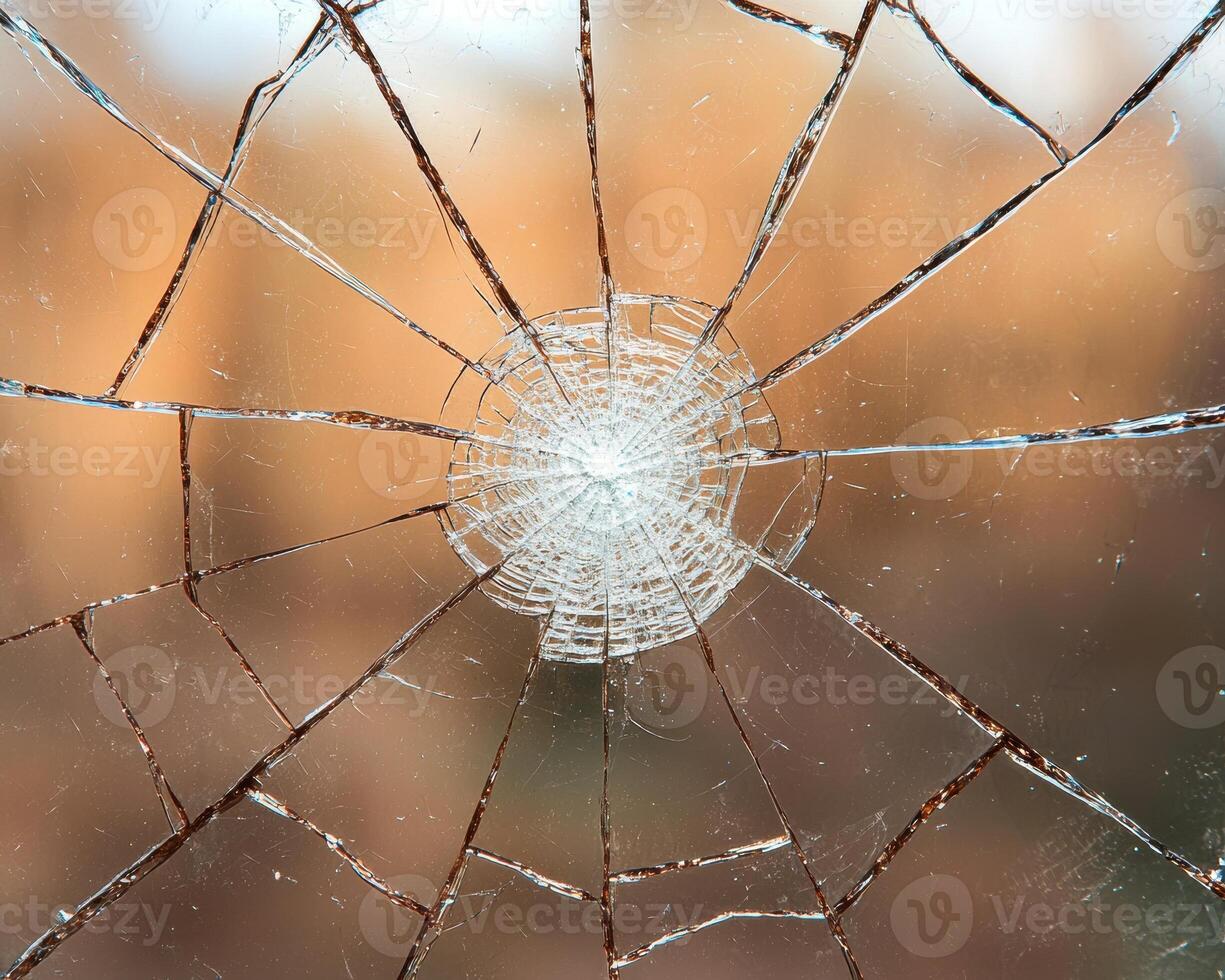 Close up of a shattered window with a central impact point, showing radial cracks and fragmentation photo