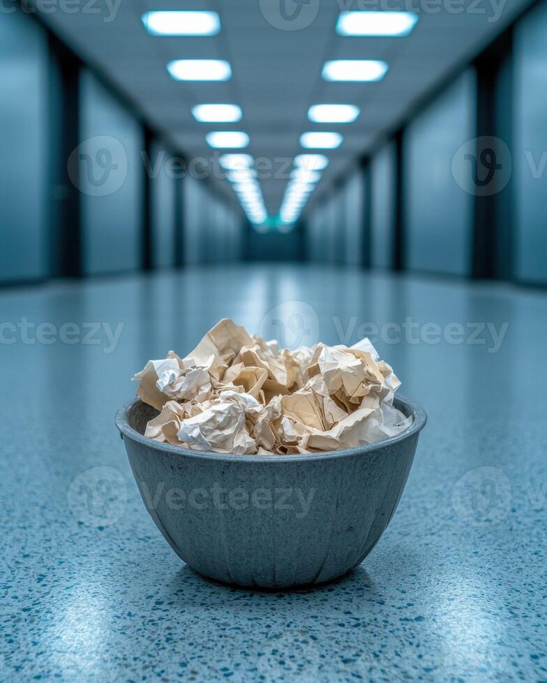 Bowl of crumpled paper in empty office hallway photo