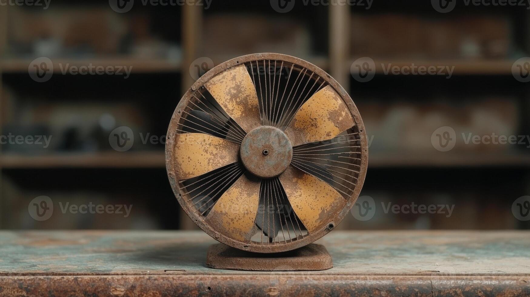 Rusty old vintage metal fan on a weathered table photo