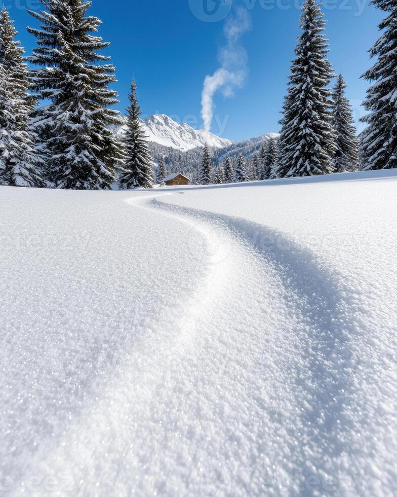 A snowy path leading to a cozy cabin in the mountains photo