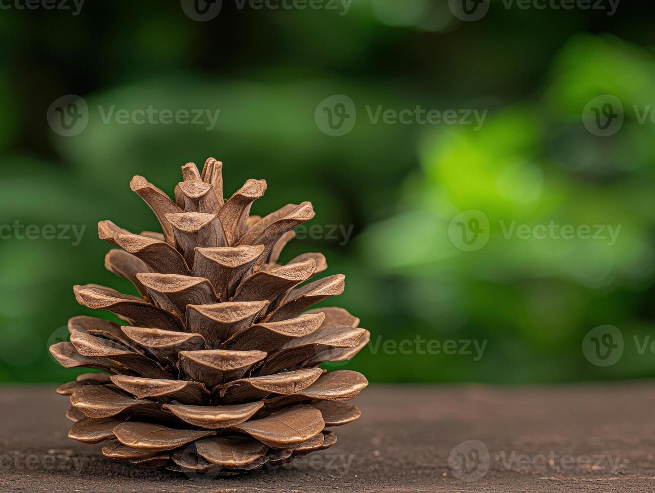 Close up of a pine cone on a wooden surface with a blurred green background photo
