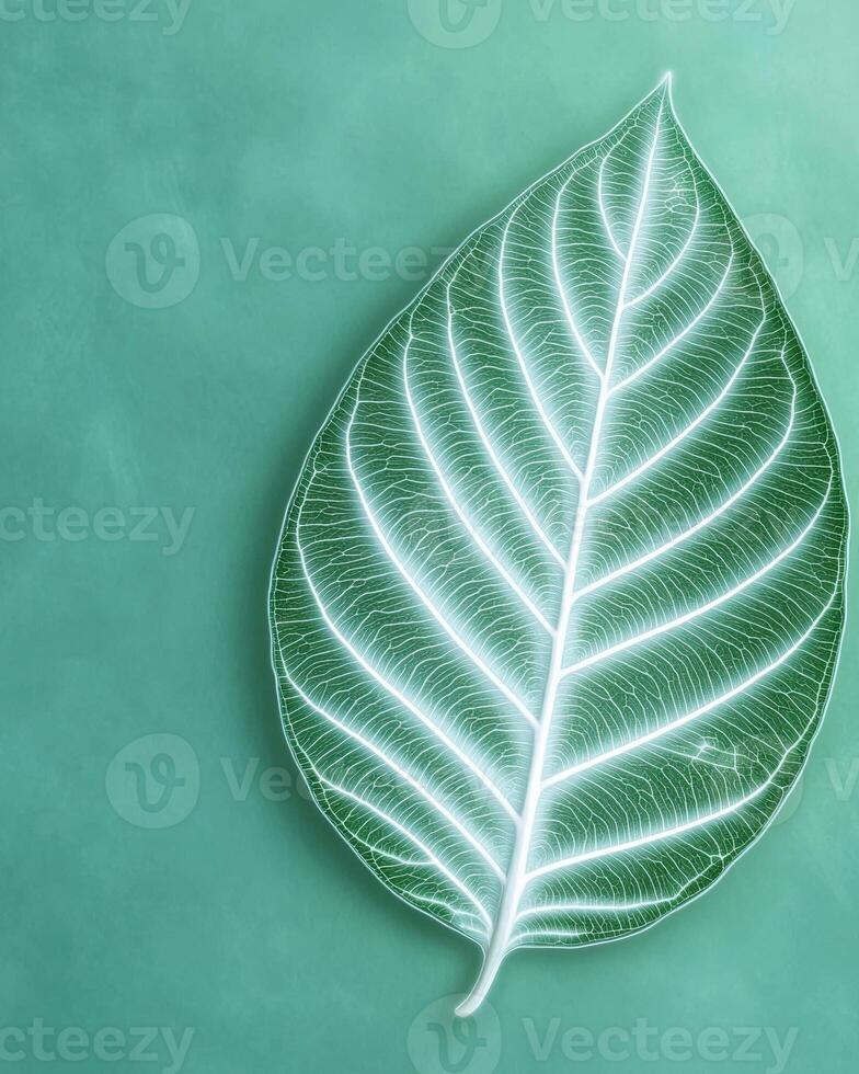 Close up of a single leaf with detailed veins, on a teal background photo