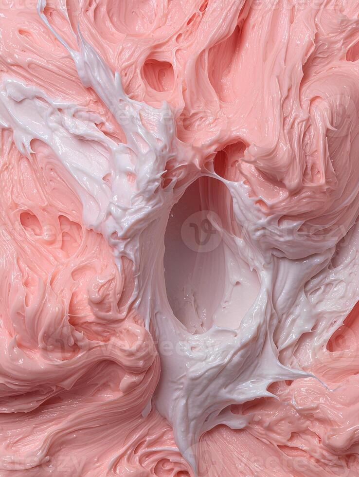 Abstract pink and white swirls of creamy texture, close up view photo
