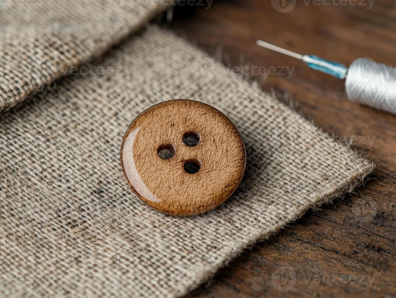 Close up of a wooden button on burlap fabric with needle and thread photo