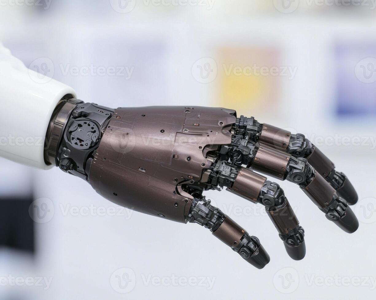 Close up of a robotic hand reaching out, showcasing advanced mechanics and design photo