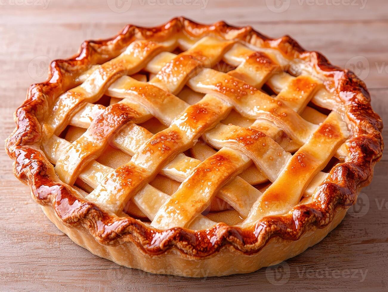 Delicious golden brown apple pie with a lattice crust, freshly baked on a wooden table photo