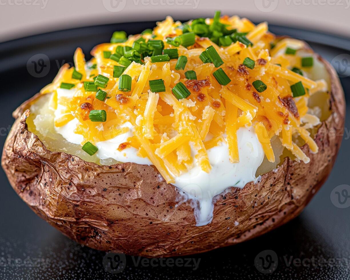 Loaded baked potato with cheddar cheese, sour cream, and chives photo