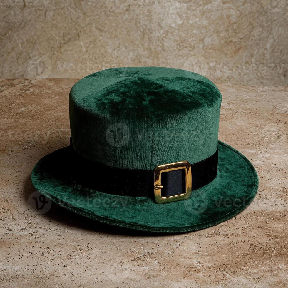 Green velvet leprechaun hat with gold buckle on beige background photo