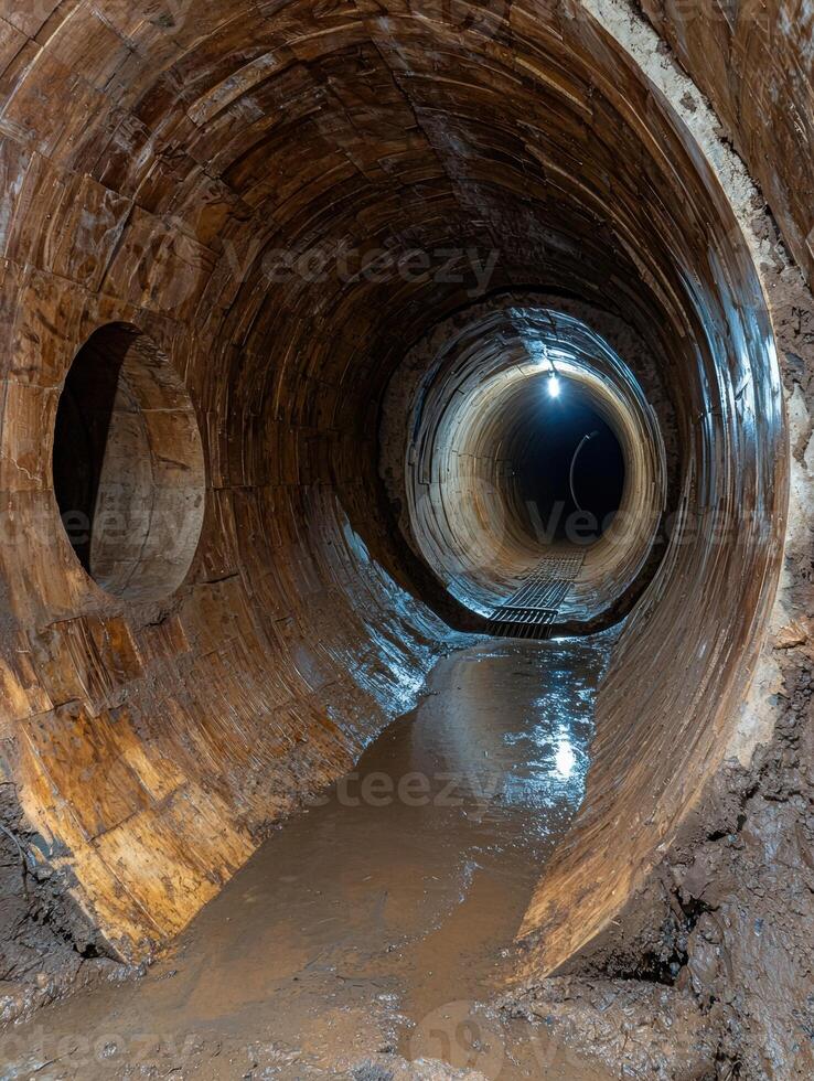 Dark and muddy interior of a large drainage pipe photo